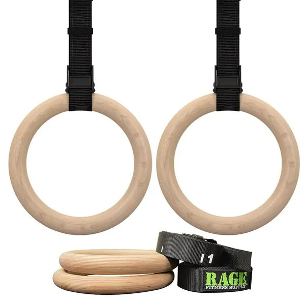 Rage Fitness Gymnastics Rings, Adjustable 18’ x 1.5” Nylon Straps with Scale, Olympic Wooden Rings over 1000lbs Break Strength, Calisthenics Rings Great for Crossfit and Strength Training