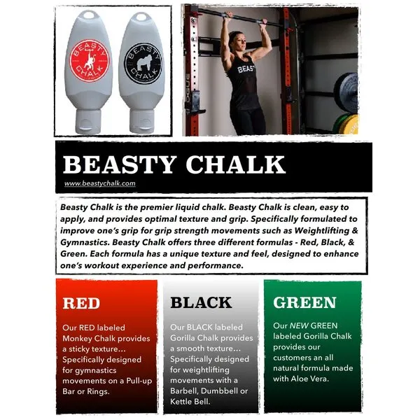 Beasty Chalk - Liquid Chalk for Weightlifting, Cross Training, Gymnastics, Sports. Two 1.5 oz. Squeeze Bottles. All Natural or IPA Based.