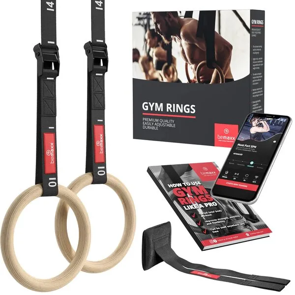 BeMaxx Gymnastic Rings Set Wood + Door Anchor Attachment, Exercise eBook & Safety Straps + Length Markings | Wooden Olympic Gym Gymnastics Athletic Fitness | Home Workout Muscle Training