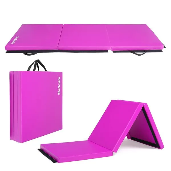 Matladin 6' Folding Tri-fold Gymnastics Gym Exercise Aerobics Mat, 6ft x 2ft x 2in PU Leather Tumbling Mats with Hook & Loop Fastener for Stretching Yoga Cheerleading Martial Arts