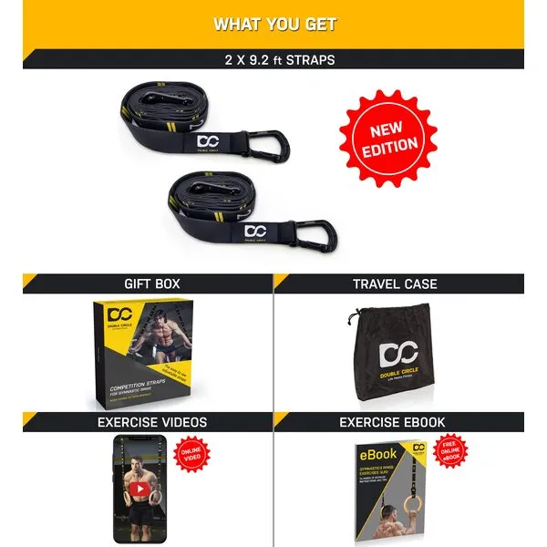 Double Circle Quick Adjust Numbered Straps for Gymnastic Rings - Carabiner System and Exercise Video Guide for Full Body Workout, Calisthenics, and Home Gym