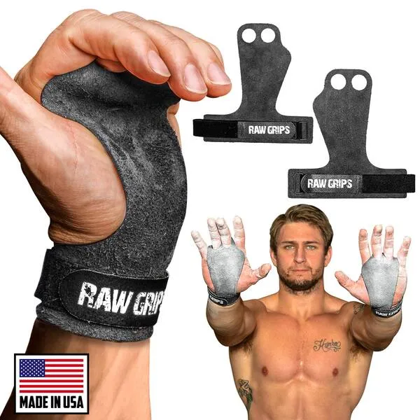 JerkFit RAW Grips 2 Finger Leather Hand Grips for Weightlifting, Calisthenics, Pull Ups, WODs, Gymnastics, and Cross Training, with Full Palm Protection to Prevent Rips & Blisters