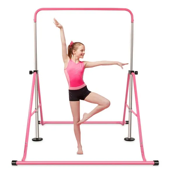 BEEYEO Gymnastics Bar for Home Expandable Adjustable Height Gymnastic Horizontal Bars Folding Junior Training Kip Bar Equipment for Home/Floor/Practice/Gymnastics (Pink)