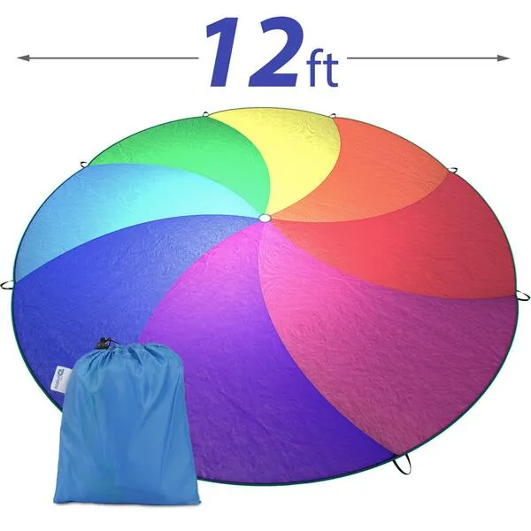 Little Dynamo Parachute Toys for Kids with 8 Handles 12ft - Gym Class Rainbow Color Parachute for Cooperative Group Play - Waterproof and Reinforced Stitching