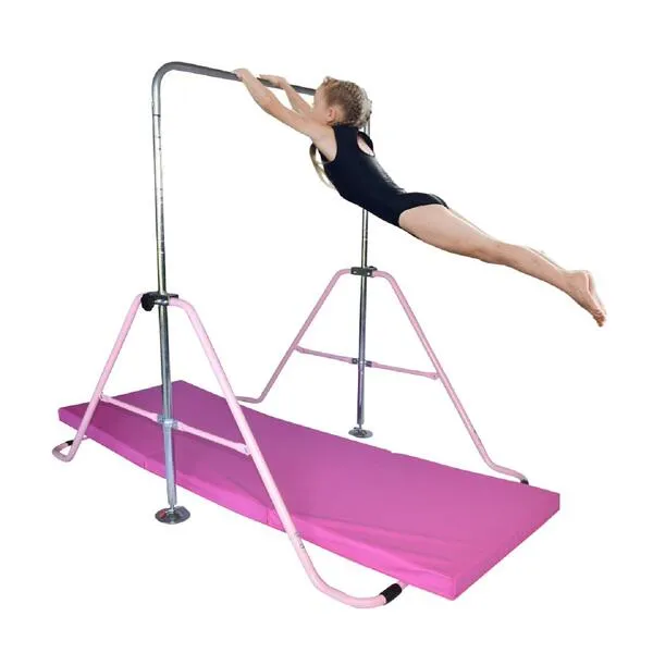 Kids Jungle Children Monkey Bar Gymnastics Athletic Expandable Kip Balance Bars Junior Training Play Gym Pink with 2Ft x 6Ft Gymnastic Mat