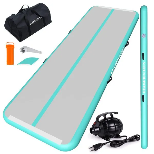 CHAMPIONPLUS Inflatable Air Tumbling Mat Gymnastics Tumble track 4/8 inches Thickness Air Mats for Home Use/Training/Cheerleading/Water Yoga 10ft 13ft 16ft 20ft with Electric Air Pump