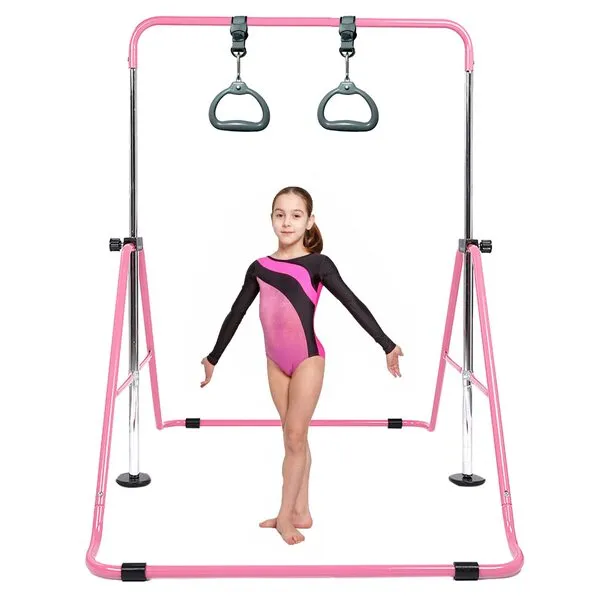 Gymanstics Bars for Home with Rings Kids Grip Training Boys Girls Gift Set, Gymnastics Training Bar Folding Adjustable Height Expandable Horizontal Bars Gym Junior for Age 3-8