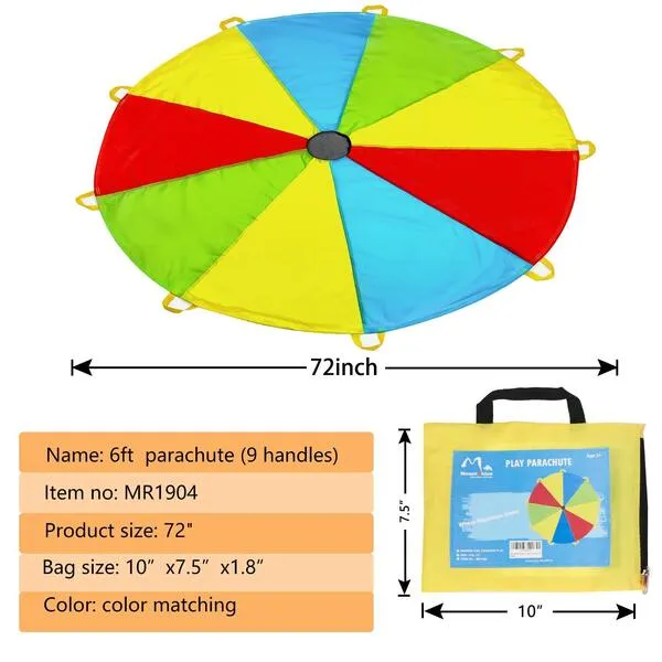 MountRhino Kids Parachute,6ft Play Parachute with 9 Handles - Multicolored Parachute for Kids,Kids Play Parachute for Indoor Outdoor Games Exercise Toy