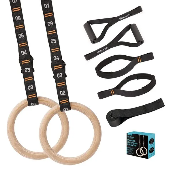 Vulken Wooden Gymnastic Rings with Adjustable Numbered Straps. 1.1'' Olympic Rings for Core Workout and Bodyweight Training. Home Gym Rings 1600lbs with Workout Handles