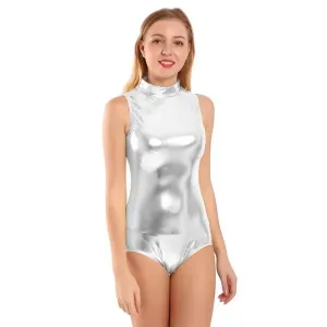 Mvefward Womens Shiny Metallic Dance Leotard Spandex Mock-Turtleneck Neck Zip Back One Piece Dancewear Bodysuit