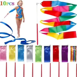 Tinabless Dance Ribbons Streamers(10 Pieces), 6.6Ft Unisex Kids\' Gymnastics Ribbon Wands, Rhythmic Gymnastics Ribbon Baton Twirling Wands on Sticks for Kids Artistic Dancing