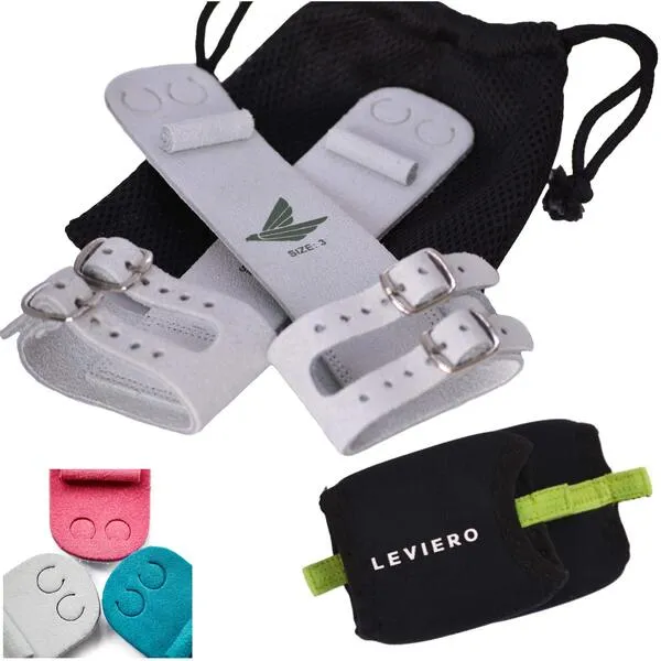 LEVIERO Buckle Gymnastics Grips - Soft Leather Dowel Hand Grips with Double Buckle Wrist Closure and Adjustable Finger Holes, for All Ages