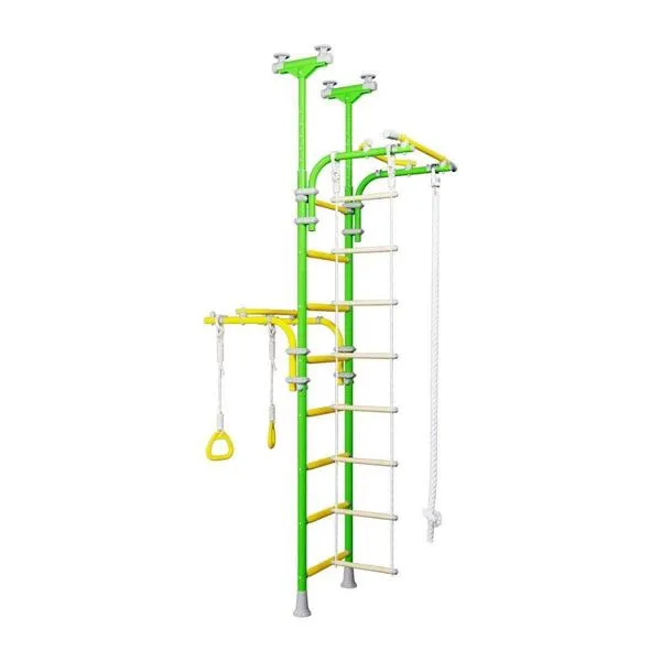 Fitness Kid Transformer Indoor Home Gym, Swedish Gym Ladder for School and Kids Room with Suspended Ladder, Climbing Rope, Chin-up bar with Grips and Gymnastics Rings (Green Apple, 7'5