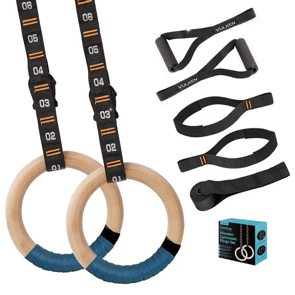 Vulken Wooden Gymnastic Rings with Adjustable Numbered Straps. 1.25'' Olympic Rings for Core Workout, Crossfit, Bodyweight Training. Home Gym Rings with 8.5ft Exercise Straps and Workout Handles.