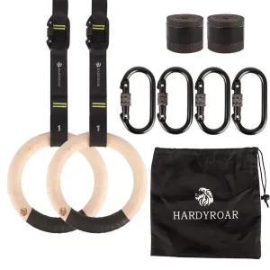 HARDYROAR Wood Gymnastic Rings - Gym Equipment for Crossfit, Body Training, Exercise and Workout - Easy Install Carabiners, Adjustable Number Straps, Non Slip Grip Tape Rings