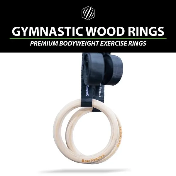 Bear KompleX Gymnastic Rings - Birchwood Rings with 38mm Thick 14”9’ Long Heavy Duty Nylon Straps & Double-Strap Iron Buckle - Workout with Bodyweight Exercises Anywhere - Supports 365kg