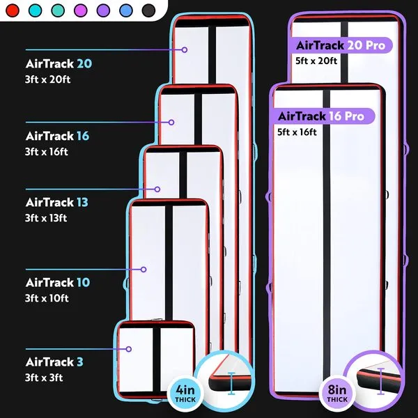 AirTrack Inflatable Gymnastics Mat with Air Pump - 3 ft, 10 ft, 13 ft, 16 ft, 20 ft | Thick Tumbling Track Air Mat For Yoga, Cheerleading, Fitness & Training | Compact Home & Gym Exercise Equipment