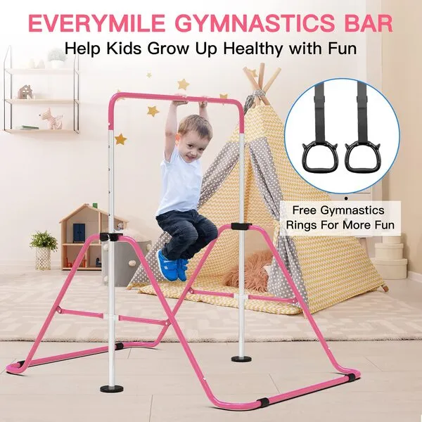 EVERYMILE Gymnastics Bars, Junior Training Kip Bar Gymnastics Equipment for Home，Adjustable Height Folding Gymnastic Horizontal Bars Monkey Bar with Gymnastics Rings for Kid Gymnasts, Child, Girl, Boy