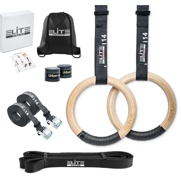 Elite Athletics Wood Gymnastic Rings 32mm and 28mm Grip with Adjustable Numbered Straps + Grip Tape + Pull Up Resistance Bands + Drawstring Carry Bag