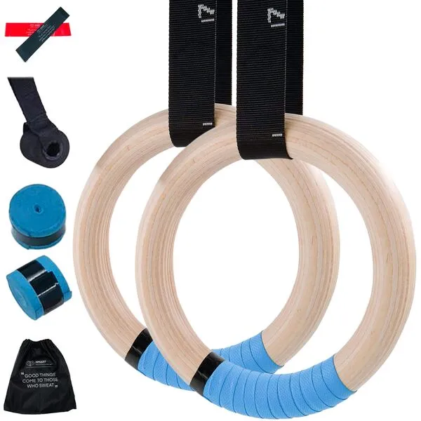 HMART Wooden Gymnastic Rings 1600Ibs Capacity with Loop Bands, 15ft Woven Adjustable Numbered Straps Anti-Slip Sweat-Absorbent Hand Tape Pull Up Rings for Home Outdoor Exercise Gym Rings