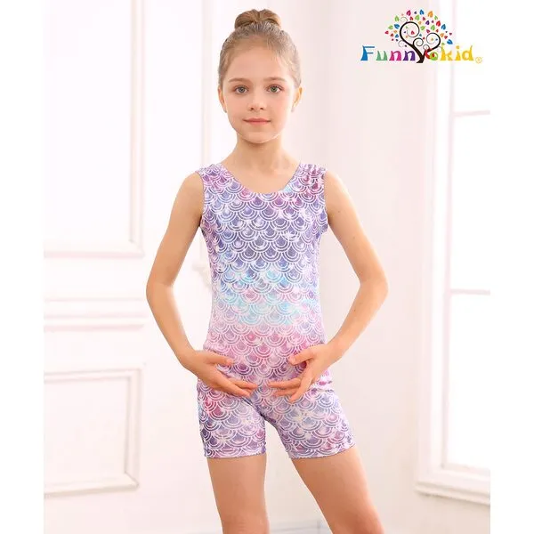 Funnycokid Girls Gymnastics Leotards with Shorts Sparkle Dance Unitards Mermaid Active Biketards 2-10 Years