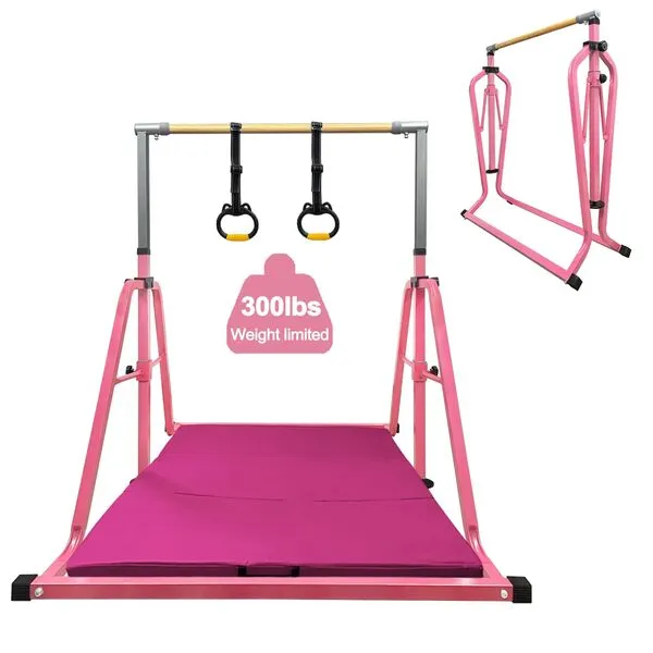 Foldable & Movable Gymnastics Kip Bar,Horizontal Bar for Kids Girls Junior,No Wobble Gym Equipment for Home Indoor,3' to 5' Adjustable Height,Gymnasts 1-4 Levels,300 lbs Weight Capacity