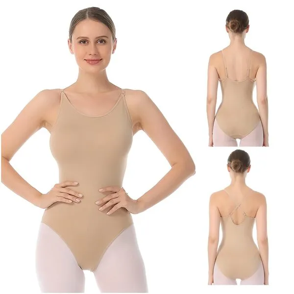 NIMONI Women and Girls Nude Dance Camisole Leotard with Adjustable Transparent Straps Beige Seamless Undergarment for Ballet