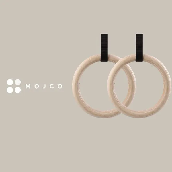 MOJCO Workout Rings Wood Calisthenics Gymnastic Pull Up Rings, 15FT Adjustable Numbered Straps, Non-Slip 32 MM for Home Gym Outdoors