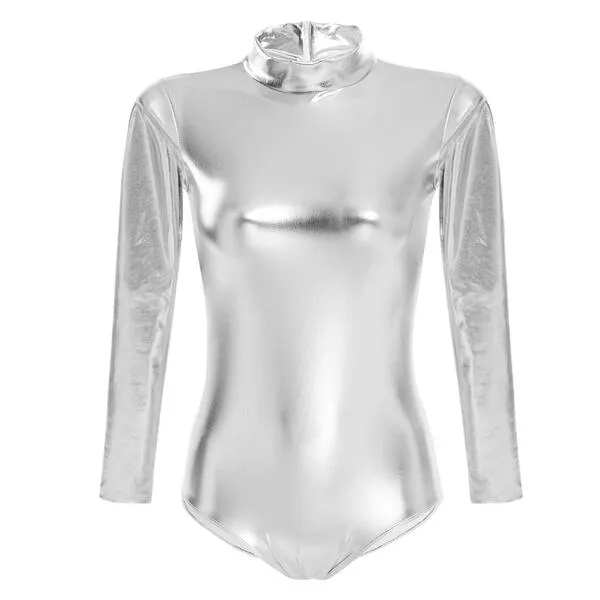 ABAFIP Women Metallic Liquid Shiny Long Sleeve Gymnastic Ballet Dance Leotard Bodysuit Faux Leather Stage Dancewear Costume