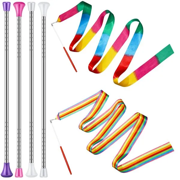 6 Pcs Twirling Batons Center Balanced Batons for Twirling 22 Inch Steel Kid Baton with Colorful Dance Ribbons Rhythmic Gymnastics Ribbon for Kids Girls Marching Band, Gymnastics, Dance Performance