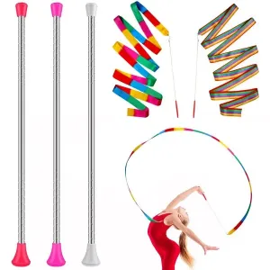 HyDren Dance Ribbons Colorful Rainbow Streamers Ribbon Dancer Wand Stainless Steel Twirling Baton Rhythmic Gymnastics Conducting Batons for Dancing Band Gymnastic