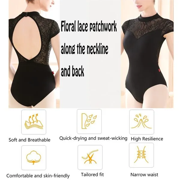 UTOWO Women Ballet Leotards Black-Lace Short-Sleeve with Elegant Swan Collar Dance-Gymnastics Yoga-Leotards