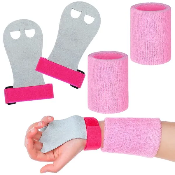 Civaner 4 Pieces Gymnastics Grips Pink Gymnastic Hand Grips Athletic Pink Wrist Bands Terry Cloth Sweat Bands Girls Sports Accessories for Kids Basketball Tennis Football Baseball