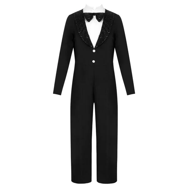 FEESHOW Big Kids Boys Dancewear Bodysuit Long Sleeve Sequins Bowknot Front Jazz Latin Salas Jumpsuit