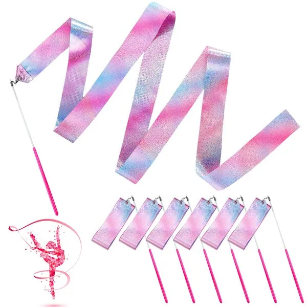 Sparkling Dance Ribbon Flash Gymnastics Ribbon Streamers 78.7 Inches Rhythmic Shining Silk Dance Ribbons Wand for Kids Dance Streamers Pink Twirling Ribbons (6 Pieces)