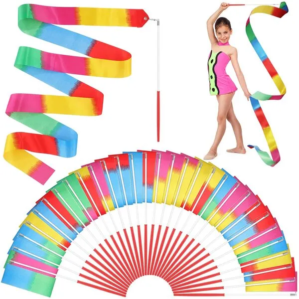 Zhanmai 30 Pack Rainbow Rhythmic Dance Ribbons Gymnastics Ribbon Dancing Streamers Girls Dance Ribbons Streamers Rainbow Dancing Party Favors, Kids Gift Bag, Prizes, Rhythmic Gymnastics Twirling