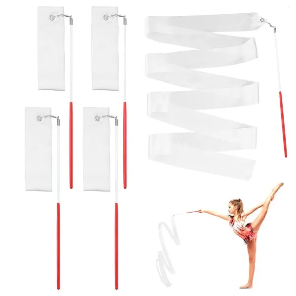 Grevosea Gymnastics Dance Ribbons, 4 Pieces Dancing Ribbon Streamers with 30cm Wand White Rhythmic Gymnastics Ribbon Gymnastics Equipment for Kids Talent Shows Artistic Dancing (78.74inch)