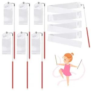 HyDren White Gymnastics Ribbon Rhythmic Dancing Streamers Praise Ribbon Dancer Wand Twirling Baton for Adults Kids Ribbon Streamers for Talent Shows Artistic Dancing (6 Pieces)