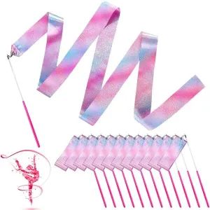 Sparkling Dance Ribbon Flash Gymnastics Ribbons 78.74 Inches Rhythmic Shining Silk Dance Ribbons for Kids Dance Streamers Pink Twirling Ribbons (12 Pieces)