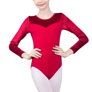 Girls Kids Ballet Dance Leotards Long Sleeve Velvet Smooth Gymnastics Bodysuit Dancewear 3-12 Y