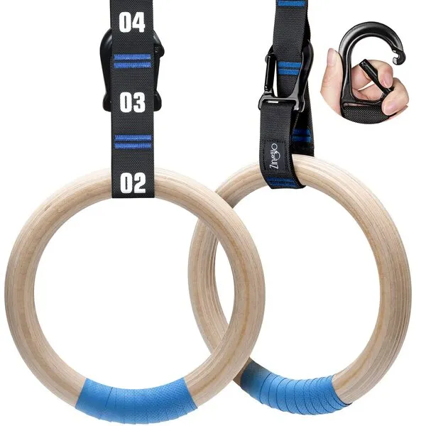 Zingtto Wooden Gymnastic Rings with Adjustable Numbered Straps, 1.25'' or 1.1