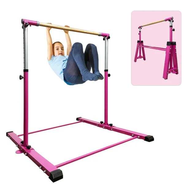 GLANT Foldable&Movable Gymnastic Kip Bar,Horizontal Bar for Kids Girls Junior,3' to 5' Adjustable Height,Home Gym Equipment,Ideal for Home Training,1-4 Levels,300lbs Weight Capacity