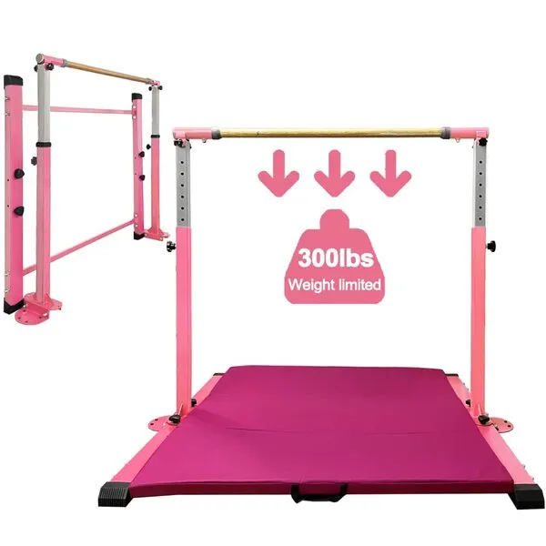 Peakpath Updated Expandable Gymnastics Kip Bar with High Density 47’X47’ Gym Mat,Adjustable Height 3'-4.8' Junior Training Home Gym Equipment,1-4 Levels,300lbs Weight Capacity