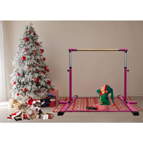 kechery Foldable & Moveable Gymnastics Horizontal Bar with Rings,3’to 5’Adjustable Height Expandable Junior Kip Bar for Home,Indoor Gym Equipment for Kids