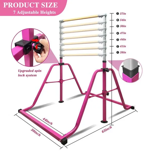 kechery Foldable & Moveable Gymnastics Horizontal Bar with Rings,3’to 5’Adjustable Height Expandable Junior Kip Bar for Home,Indoor Gym Equipment for Kids