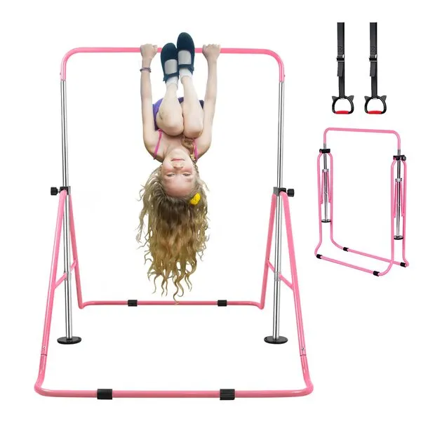 UMIKOOL DIRECT Expandable Gymnastics Bars with Ring, Adjustable Height Gymnastic Horizontal Bars, Gym Junior Training Bar Children Folding Training Monkey Bars for Kids