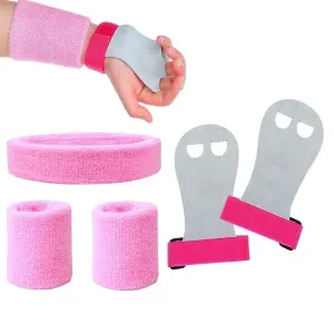 5 Pieces Gymnastics Grips Wristbands Sweatband Headband Set for Girls Pink Gymnastic Hand Grips Gymnastics Wrist Support Sports Accessories for Kettlebells, Weightlifting Tennis, Workout and Exercise