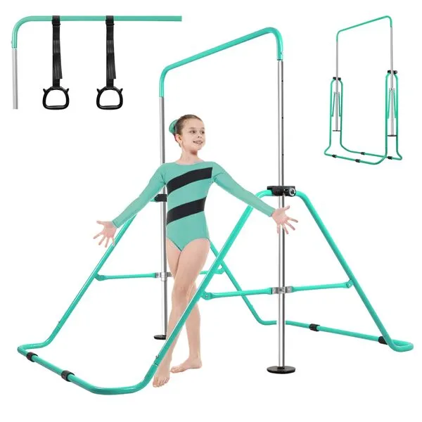 DING.PAI Expandable Gymnastics Training Bar with Free Rings, Adjustable Height Horizontal Bar Gymnastics Junior Training Bar Folding Training Monkey Bar for Kids