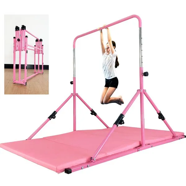 MARFULA Upgrade Foldable Gymnastic Bar with Mat for Kids Ages 3-12, 200 lbs Weight Capacity, Gymnastic Kip Bar Horizontal Bar for Kids, Gymnastic Training Equipment for Home and Gymnastic Center Use