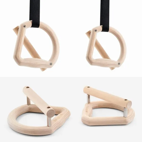 Eulignant 2 in 1 for Calisthenics: Push up Bars & Wooden Gymnastics Rings, with Ergonomic Handles to Provide a Neutral Grip, Come with Crossfit Training Guide